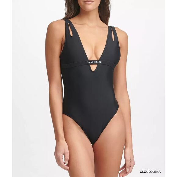 Calvin Klein Black One Piece Swimsuit Plunge V Neck Logo Strap Size L NEW~NWT - Picture 1 of 11